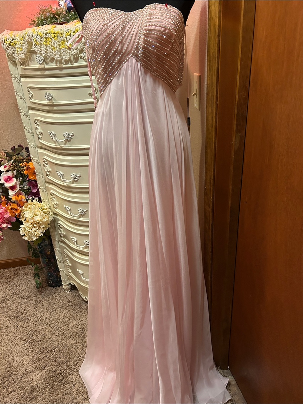 La Femme Strapless Beaded Sweetheart Gown in Light Pink